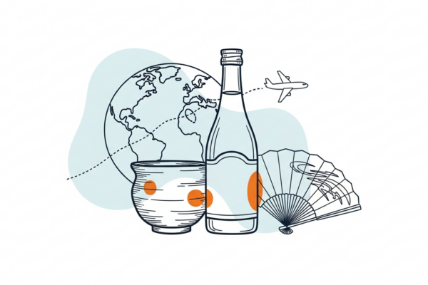 地域産品の海外展開を表すイラスト（陶器・酒・扇子と地球・飛行機）