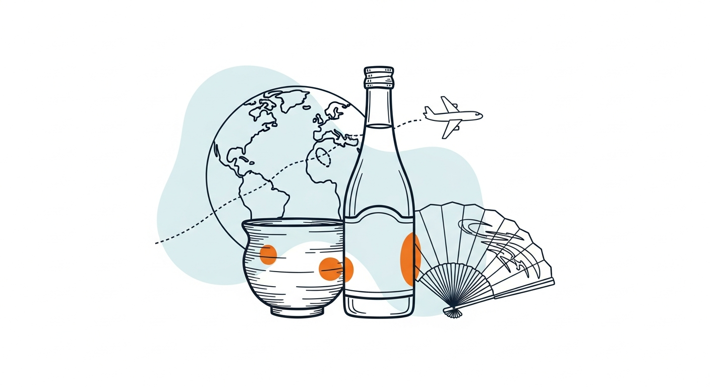 地域産品の海外展開を表すイラスト（陶器・酒・扇子と地球・飛行機）
